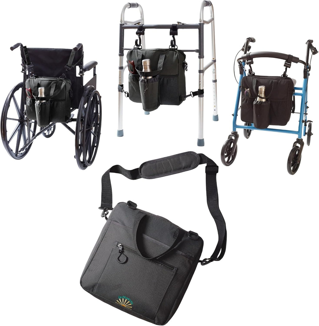Go-Getter Lightweight Nylon, Easy Hook On & Off Messenger Bag for Walkers, Rollators, Wheelchairs, Scooters, Bottle Holder, Soft-Lined Glasses Pocket, Padded Interior (Black)