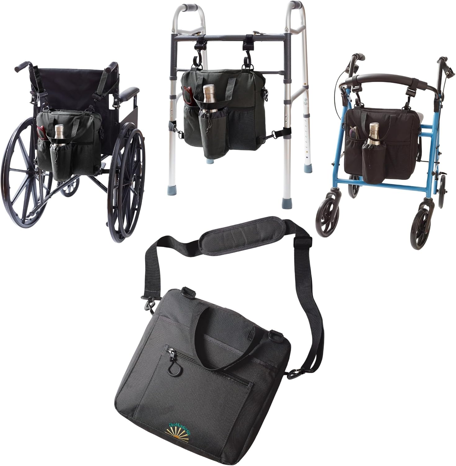 Go-Getter Lightweight Nylon, Easy Hook On & Off Messenger Bag for Walkers, Rollators, Wheelchairs, Scooters, Bottle Holder, Soft-Lined Glasses Pocket, Padded Interior (Black)