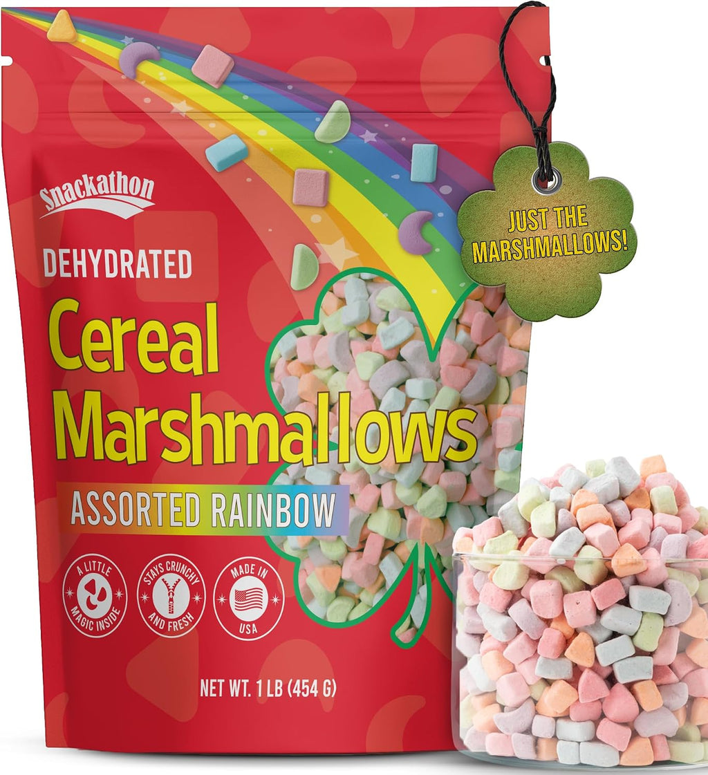 Snackathon Dehydrated Cereal Marshmallows, Assorted Rainbow Mini Bits, 1 LB Resealable Bulk Bag – Fun Crunchy Lucky-Style Marshmallow Topping for Hot Chocolate, Coffee, Cereal & Desserts