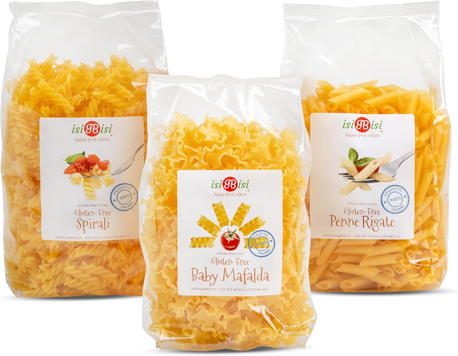 isiBisi Gluten-Free Pasta Sampler, 3-Pack - Penne, Baby Mafalda, Spirali Noodles - Non GMO, Vegan, Made in Italy
