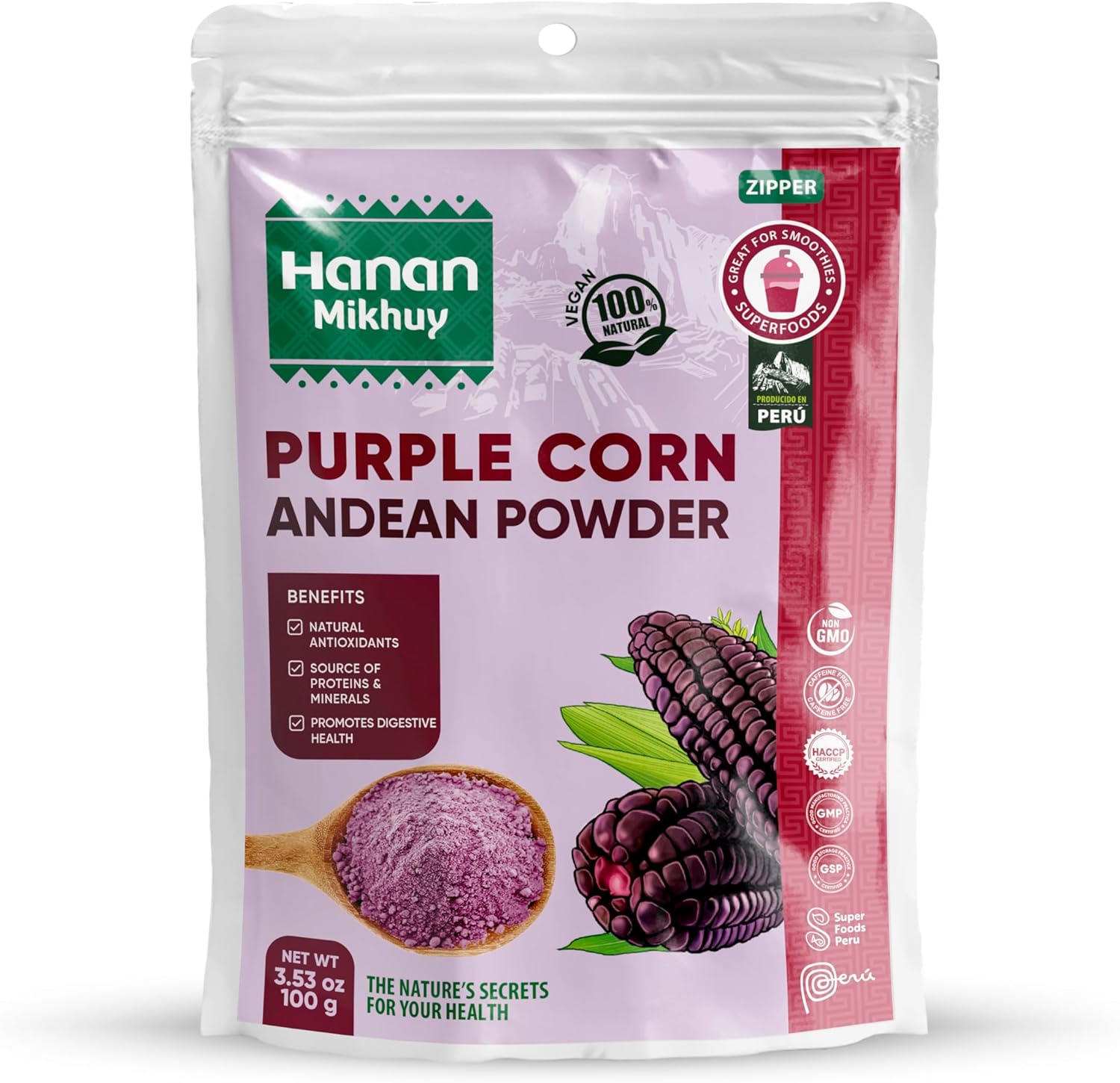 HANAN MIKHUY Maíz Morado 100g - 100% Natural Purple Corn Powder for Digestive Health & Nutrient Absorption Vegan, Non-GMO, Gluten-Free, Keto from Peru (3.53oz)