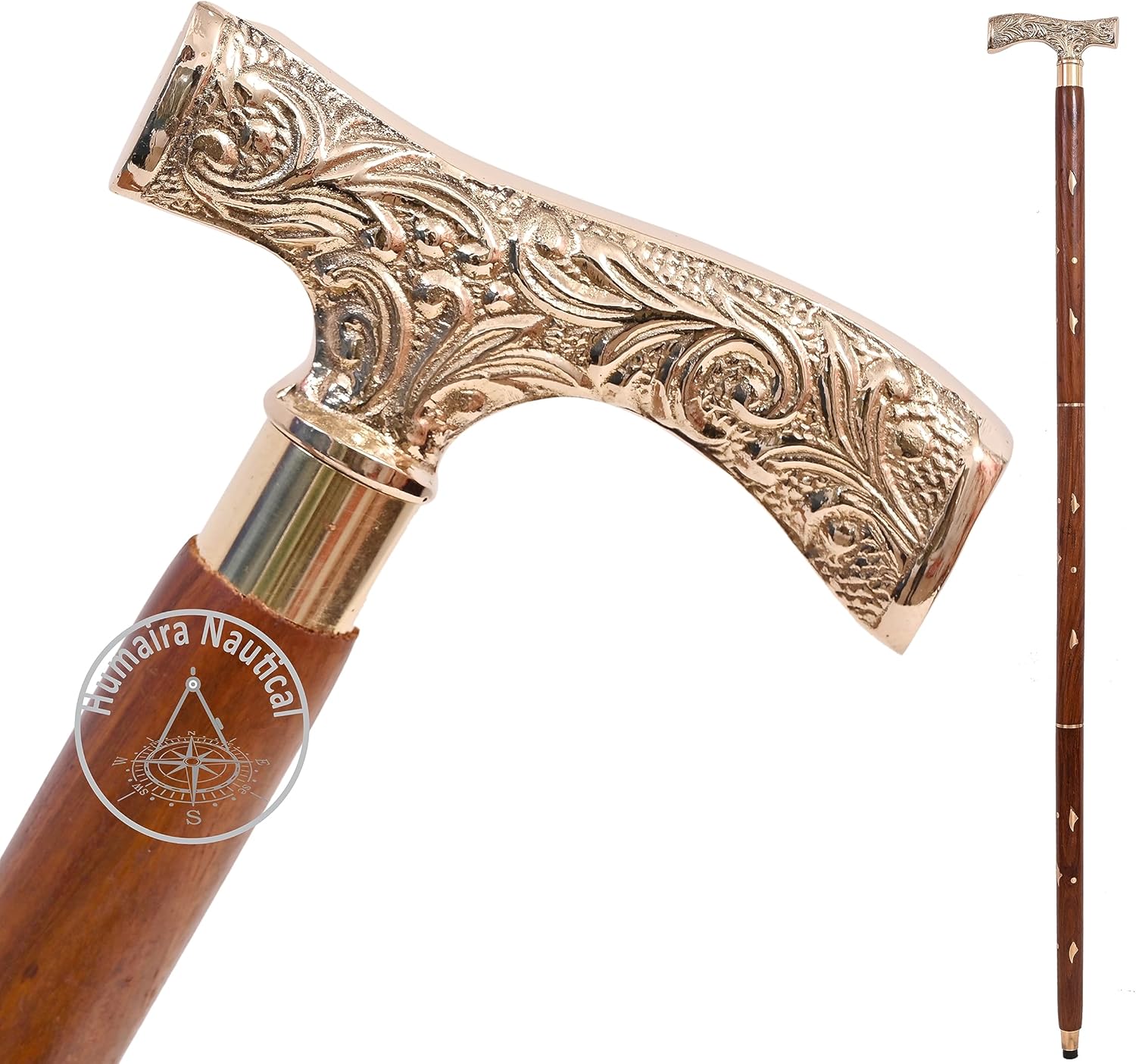 Humaira Nautical Handcrafted Wooden Walking Stick with Ornate Solid Brass Handle - Timeless Vintage-Inspired Cane for Men and Women