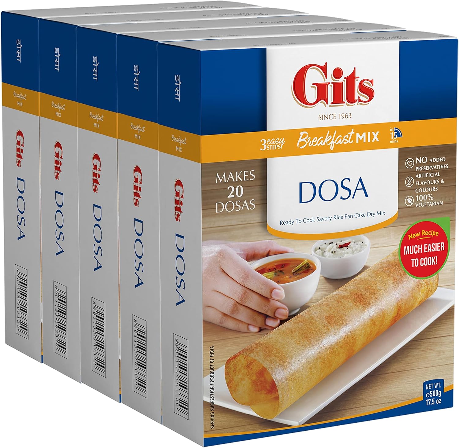 Gits Rice Dosa Instant mix 87.5 Oz (Pack of 5X17.5 Oz each) || Ready to Cook Indian Breakfast, Snack Meal | 100% Vegetarian, No Artificial Colors, Flavors, Preservatives.