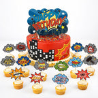 Comic Cake Topper Set – Birthday Cake Topper & 15 Cupcake Toppers for Kids Party, Boom Pow Smash Comic Theme Decorations