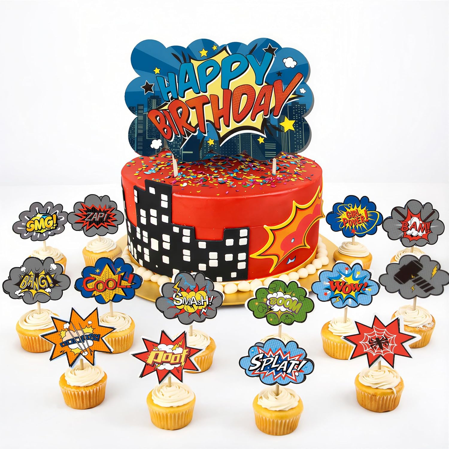 Comic Cake Topper Set – Birthday Cake Topper & 15 Cupcake Toppers for Kids Party, Boom Pow Smash Comic Theme Decorations