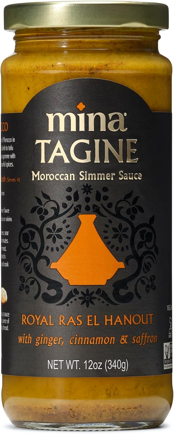 Mina Tagine Moroccan Simmer Sauce, 12 oz - Royal Ras El Hanout Spice Blend for Beef & Lamb, Tagine Sauce Made with Ginger, Cinnamon, Saffron, Olive Oil, Non-GMO, Gluten Free