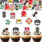 45PCS Edible 16th Drivers License Cupcake Toppers Wafer Paper 16th Happy Birthday Cupcake Picks Road Signs 16 Years Old Cake Decor for Learner Driver Car Theme Party Supplies