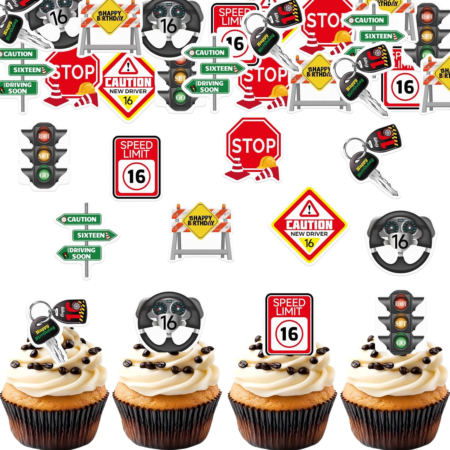 45PCS Edible 16th Drivers License Cupcake Toppers Wafer Paper 16th Happy Birthday Cupcake Picks Road Signs 16 Years Old Cake Decor for Learner Driver Car Theme Party Supplies