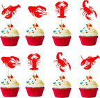 24Pcs Crawfish Cupcake Toppers Lobster Cupcake Food Picks Bridal Shower Bachelorette Sea Animal Theme Baby Shower Kids Birthday Party Cake Decorations Supplies - Red Glitter