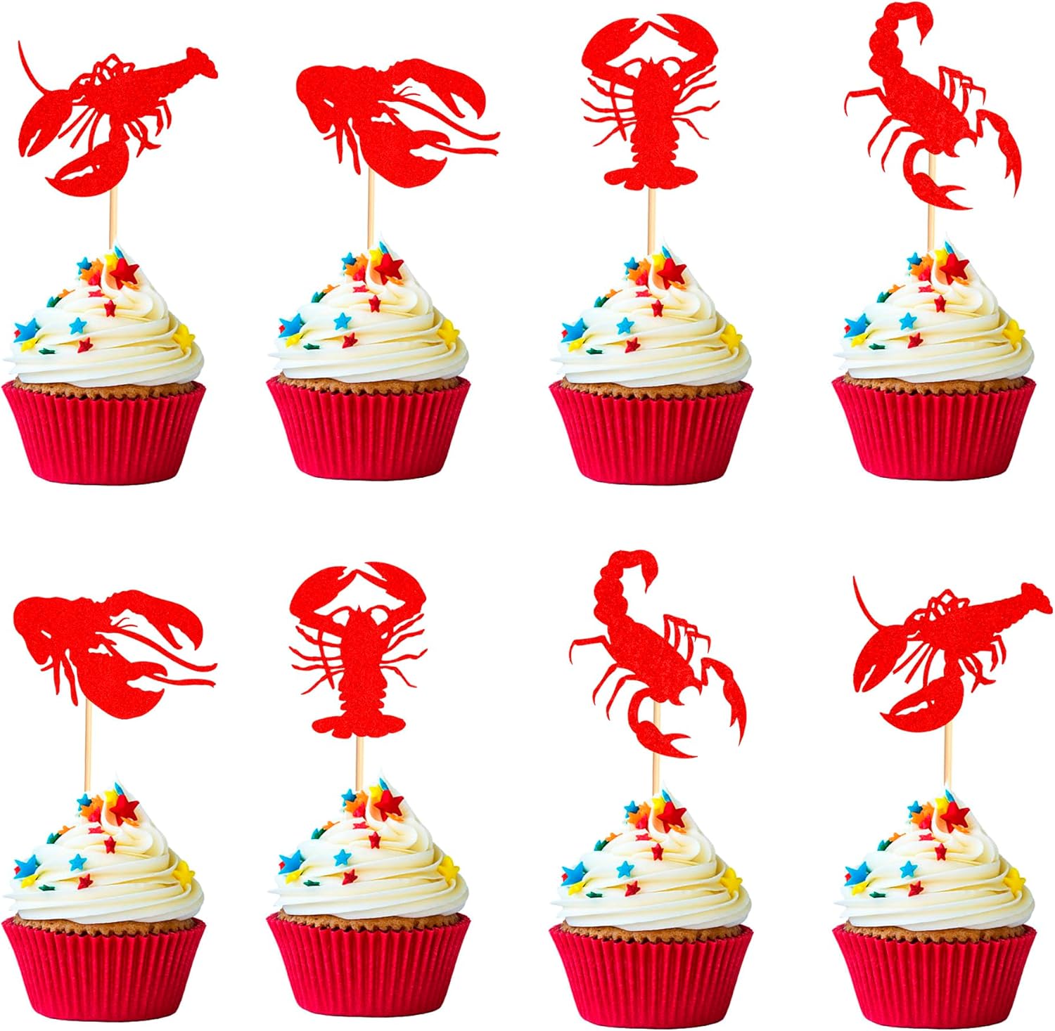 24Pcs Crawfish Cupcake Toppers Lobster Cupcake Food Picks Bridal Shower Bachelorette Sea Animal Theme Baby Shower Kids Birthday Party Cake Decorations Supplies - Red Glitter