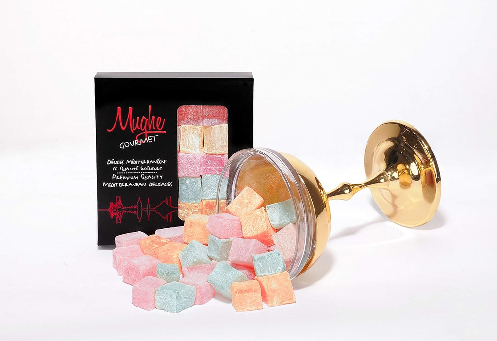 Mughe Gourmet Turkish Delight Candy Elegant Gift Box - 7oz/200g - Halal, Vegan Lokum Fruit Flavors Rose, Strawberry, Lemon, Orange, Mint - Gifts for Special Occasions, Christmas, Halloween
