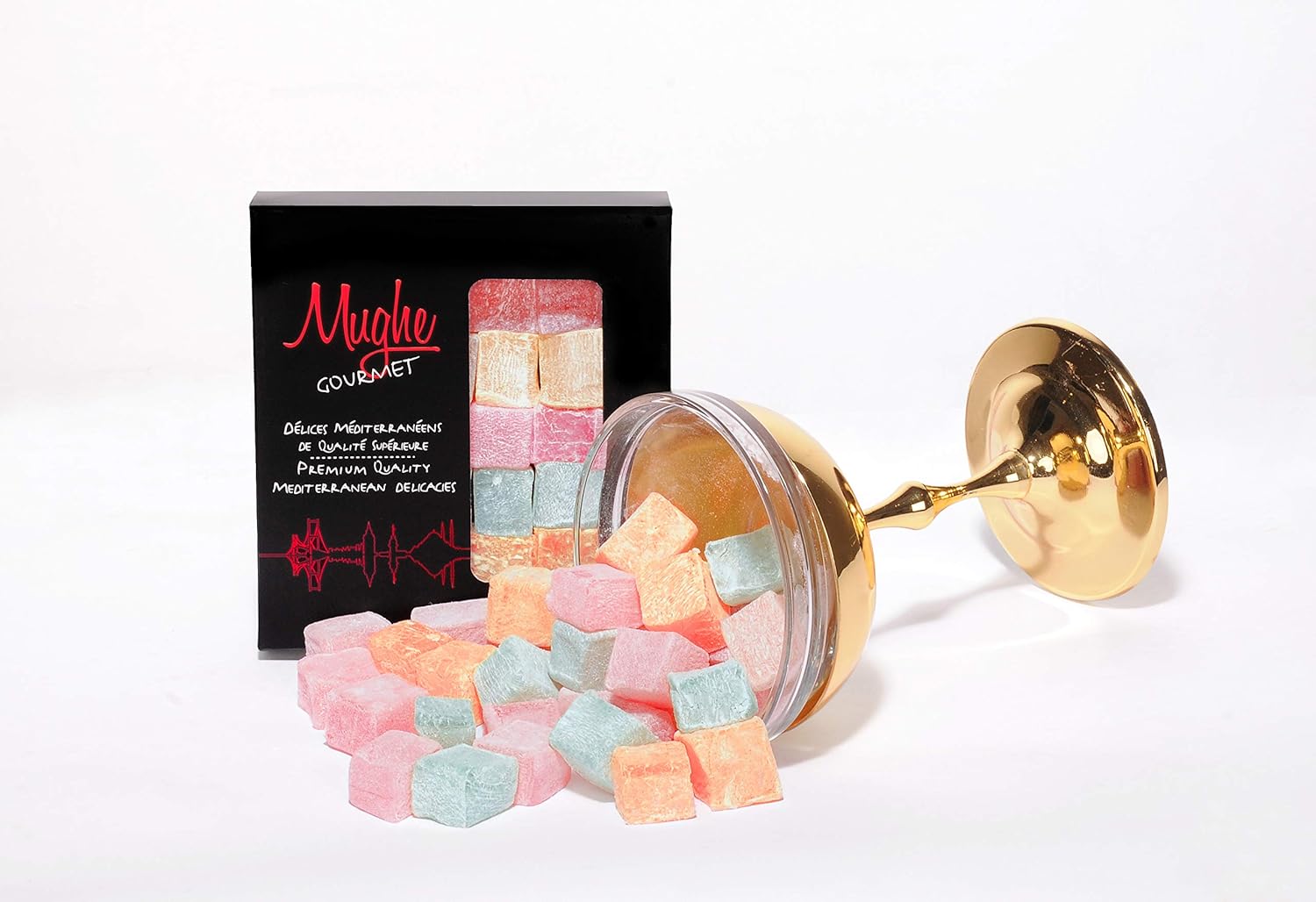 Mughe Gourmet Turkish Delight Candy Elegant Gift Box - 7oz/200g - Halal, Vegan Lokum Fruit Flavors Rose, Strawberry, Lemon, Orange, Mint - Gifts for Special Occasions, Christmas, Halloween