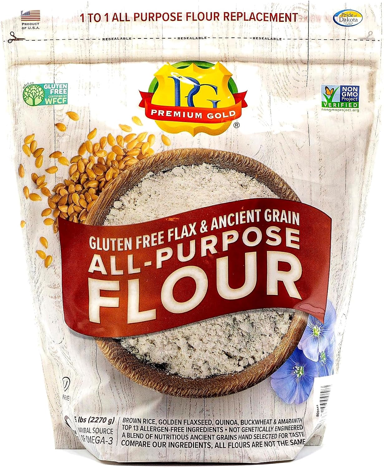 Premium Gold Gluten Free All Purpose Flour, 5 Pound, Gluten-Free, Non-GMO, Kosher, High In Fiber, Source of Omega-3, Plant-Based Protein, No Preservatives, No Additives, Ideal for Beverages & Baking