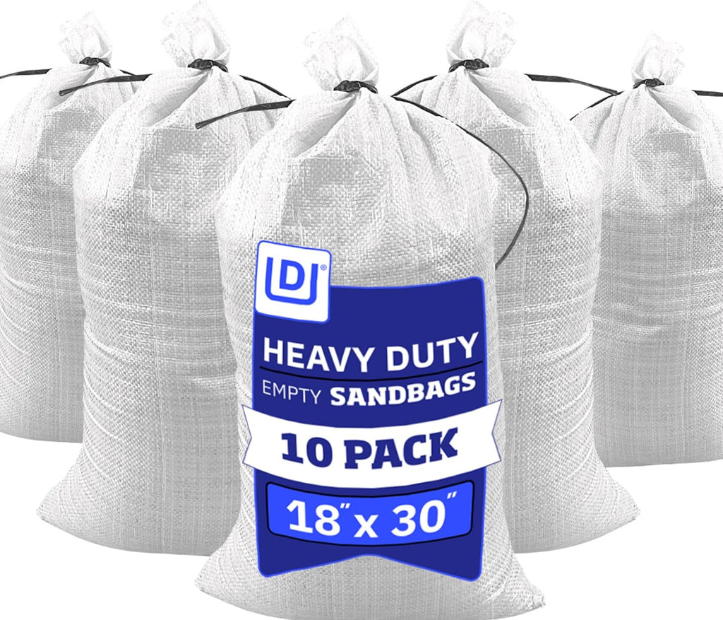 DURASACK Large Heavy Duty Sand Bags with Tie Strings Empty Woven Polypropylene Sandbags for Flood Control with 1600 Hours of UV Protection, 50 lbs Capacity, 18x30 inches, White, 10 Count