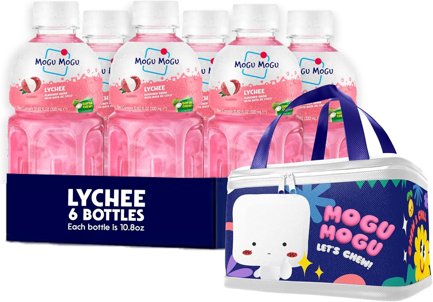 Mogu Mogu Lychee Juice Drink (6 Bottles) with Limited Edition Cooler Bag – Chewy & Fun Lychee Juice with Nata de Coco | Refreshing Drink for Kids & Adults | Ready to Drink Beverage Set