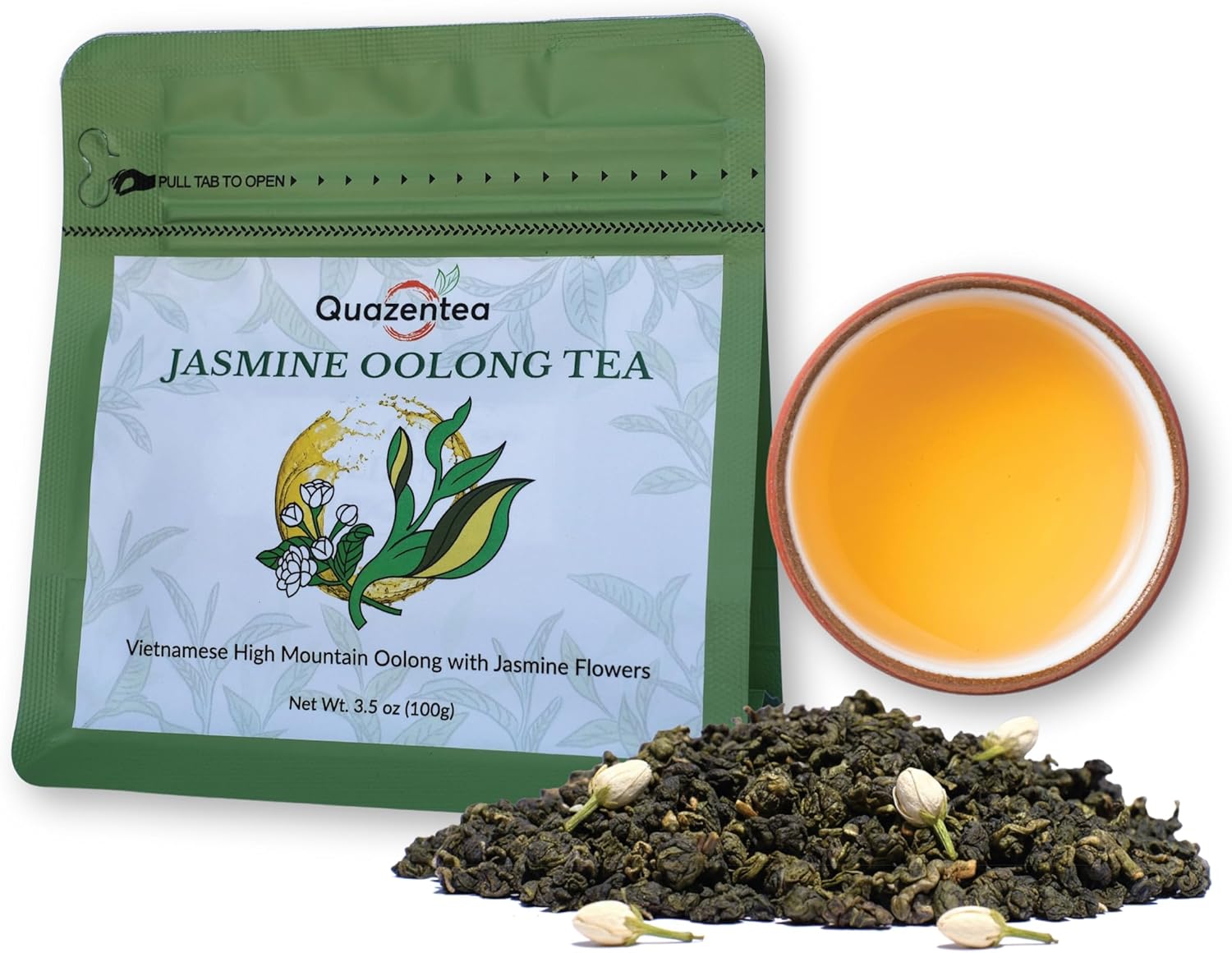 QuaZenTea Jasmine Premium Oolong Tea Loose Leaf 3.5oz (100g) - High Mountain Vietnamese Green Oolong - Pure Hand-Sorted for Smooth, Non-Bitter Taste & Rich Aroma