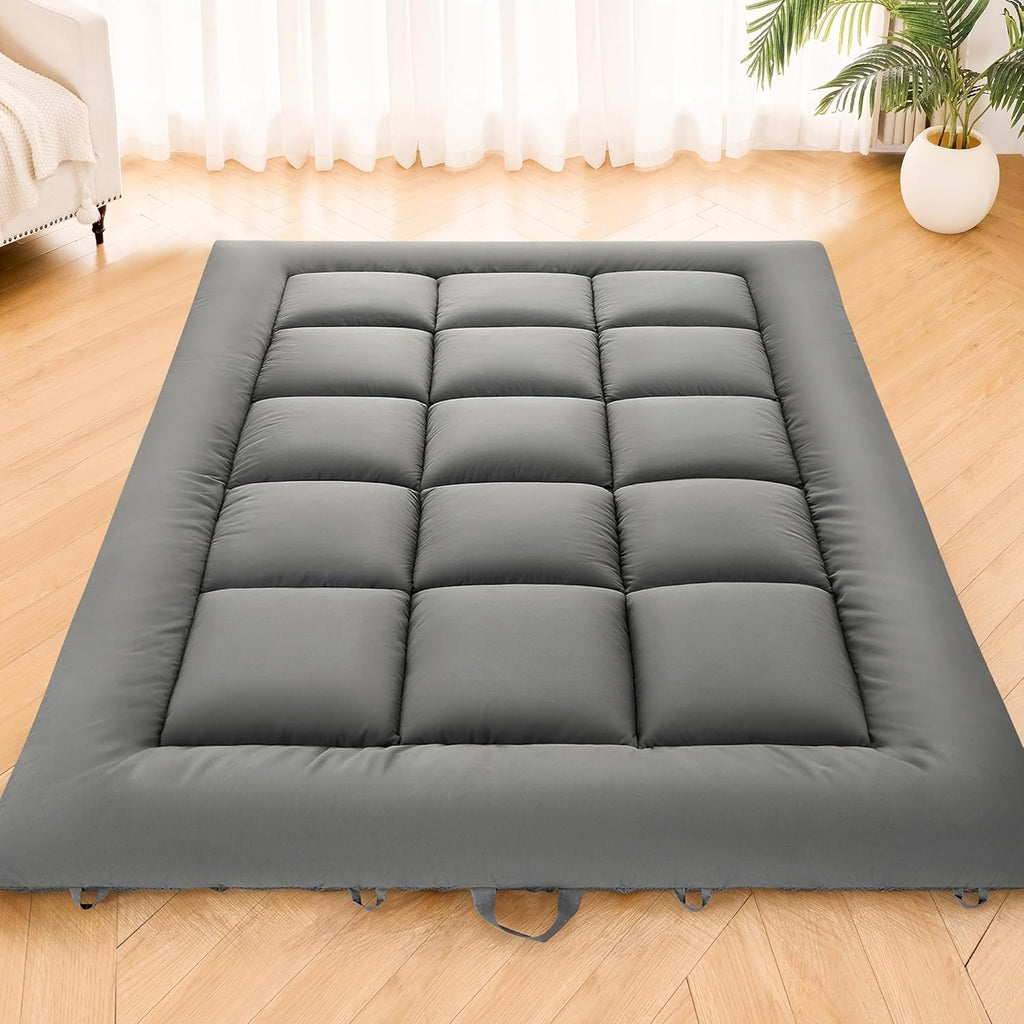 DOWNSTORIA Japanese Floor Mattress, Foldable Futon Mattress Tatami Mat with Handle, Roll Up Camping Sleeping Pad for Adults, Guestroom Floor Bed, Queen Size, Grey