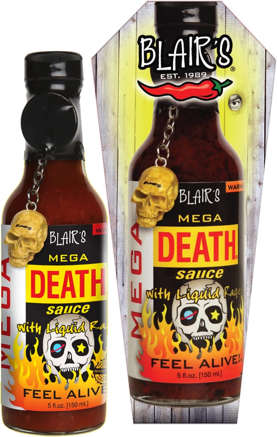 Blair's Mega Death Hot Sauce 5 Oz with Habaneros, Cayenne - 650x hotter than a Jalapeno - with Liquid Rage & Skull Key Chain