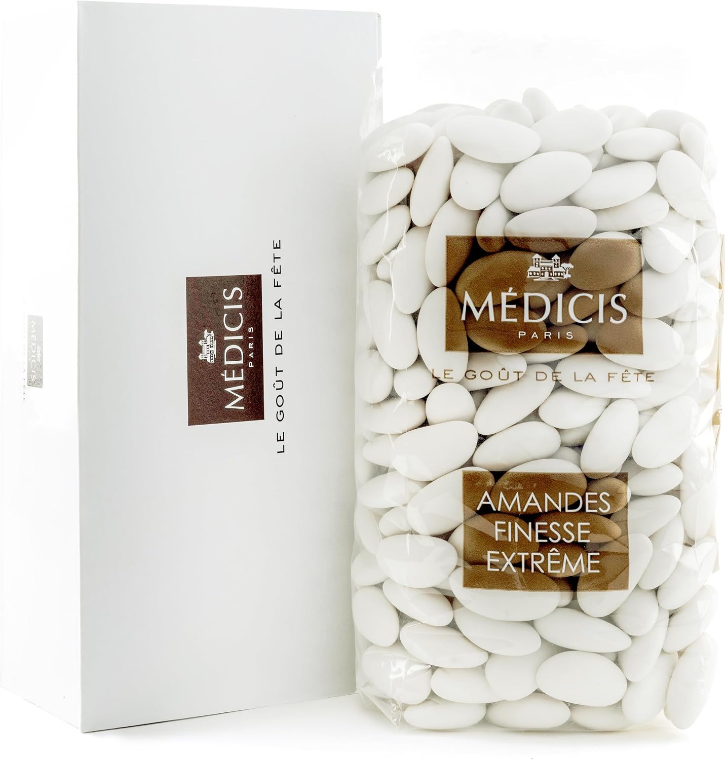 Medicis Premium Candied Almond Dragees (French Jordan Almonds) Sugar Coated Candies Ideal as a Party Favor for Weddings and Baby Showers 330 Count Bag 2.2lbs (White)
