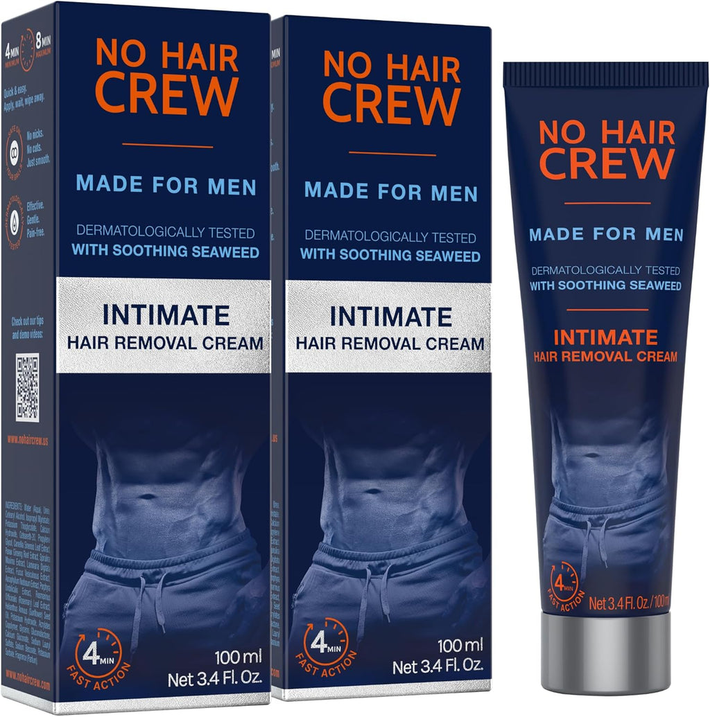 No Hair Crew Intimate/Private At Home Hair Removal Cream for Men - Painless, Flawless, Soothing Depilatory for Manscaping Unwanted Coarse Male Body Hair, 100ml (2 Pack)