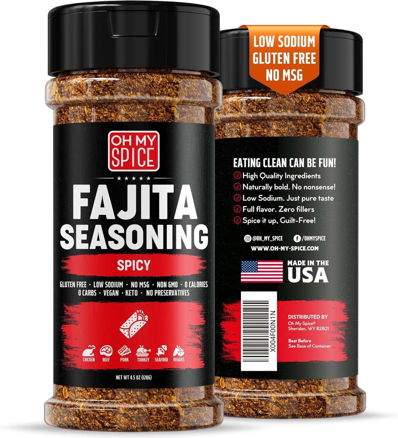Fajita Seasoning Mix Spicy Chili Powder - Gluten Free & Low Sodium Mexican Seasoning Blend for Meat, Vegetables, Steak & Chicken Fajita. Taco Seasonings Mix Spices. Hot Fajitas Seasonings Spice. 4.5oz
