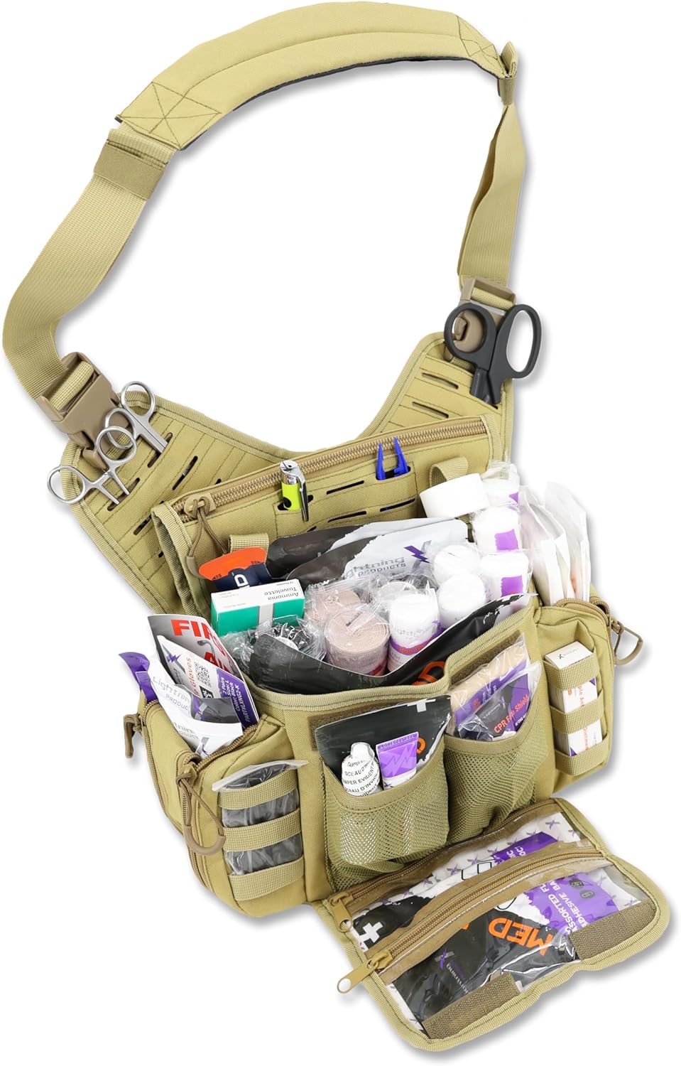 Lightning X Fully Stocked Tactical Shoulder Sling Pack | MB15-SKA | First Aid Responder Medic Kit - TAN