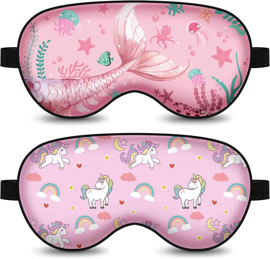 2 Pcs Sleep Mask for Kids,Cute Blackout Kid Eye Mask, Girls Eye mask for Kids Teen,Unicorn Sleep Mask with Adjustable Strap for Home Party Children's Travel Soft Eye Cover Blindfold (Unicorn + Ocean)