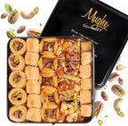 Mughe Gourmet Luxury Baklava Pastry Metal Gift Box - 1.65lb/750g - Rich Pistachios, Walnuts, Cashews Double Layered Halal Baklawa Dessert Basket- Perfect for Christmas, Sweet Food Gifts for Women, Men