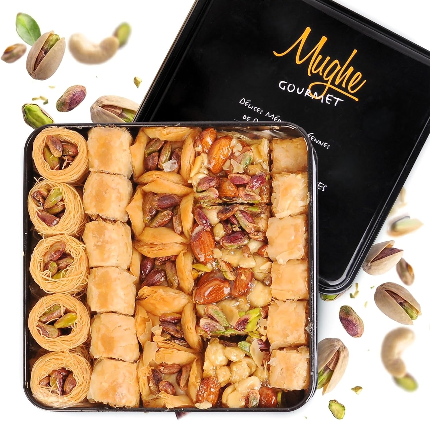 Mughe Gourmet Luxury Baklava Pastry Metal Gift Box - 1.65lb/750g - Rich Pistachios, Walnuts, Cashews Double Layered Halal Baklawa Dessert Basket- Perfect for Christmas, Sweet Food Gifts for Women, Men