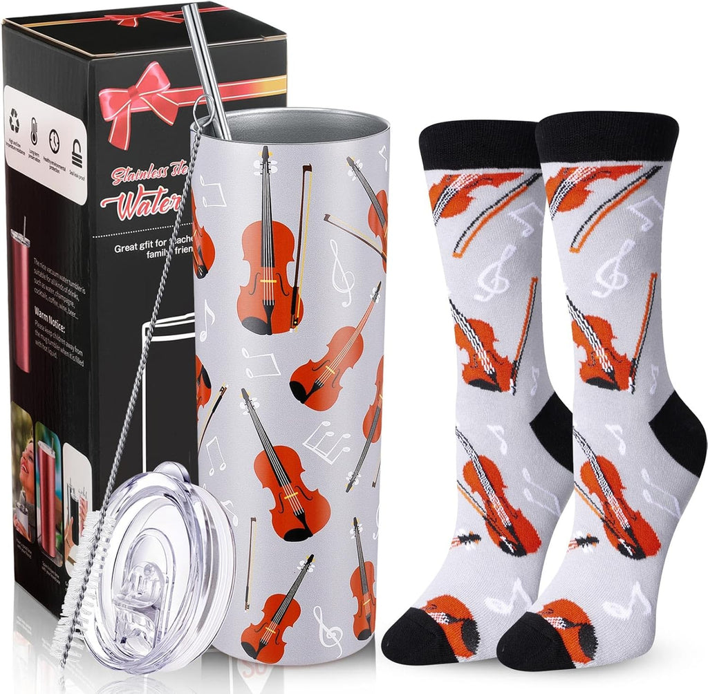 Umigy 2 Pcs Violin Gifts for Violinist 20 oz Stainless Steel Viola Tumbler and Sock Music Teacher Appreciation Gift for Violin Player Teacher Orchestra String Women Musician Music Lover Graduation