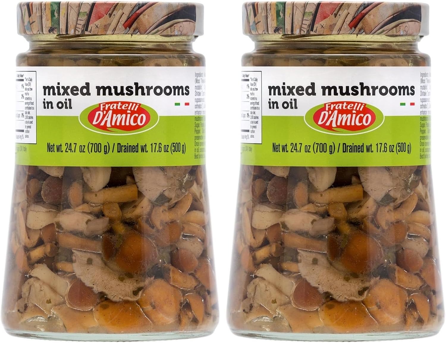 FRATELLI D'AMICO - Mixed Mushrooms in oil, Family-Size, 24.7 oz (700 g), Italian Appetizer, NON-GMO (Pack of 2)