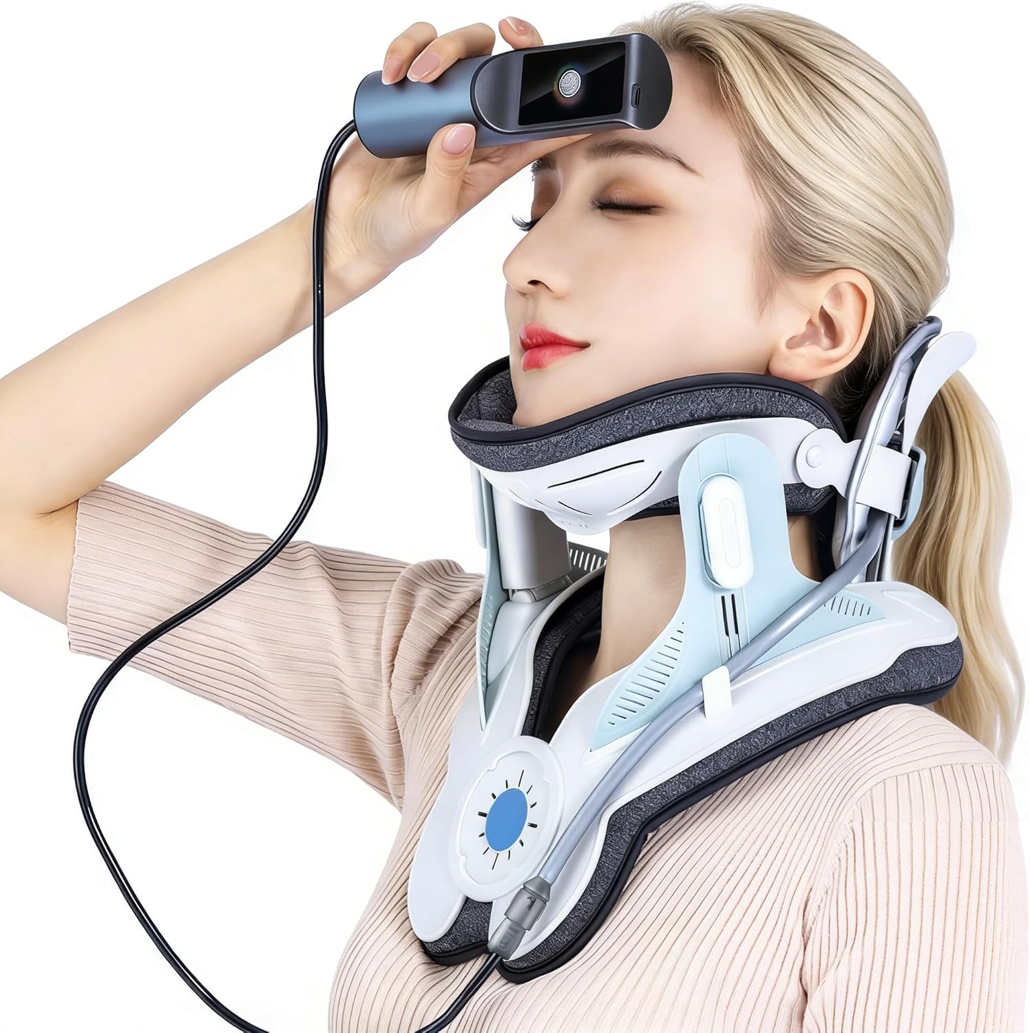 Neck Traction Device for Pain Relief, Cervical Traction Device with Electric Air Pump, Adjustable Neck Stretcher for Home Use, Lightweight & Portable Neck Support for Men and Women (Blue)