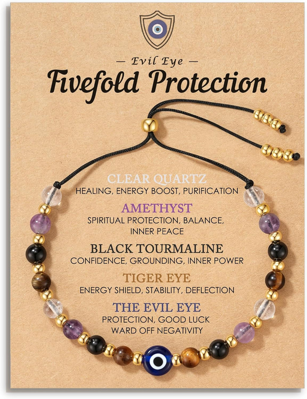 Evil Eye Dainty Bracelet - Natural Crystal Protection Bracelet - 5 Healing Stones Clear Quartz Amethyst Black Tourmaline Tiger Eye Adjustable Spiritual Guardian Jewelry Gift with Meaning Card