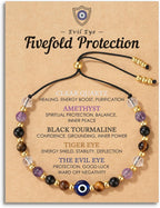 Evil Eye Dainty Bracelet - Natural Crystal Protection Bracelet - 5 Healing Stones Clear Quartz Amethyst Black Tourmaline Tiger Eye Adjustable Spiritual Guardian Jewelry Gift with Meaning Card