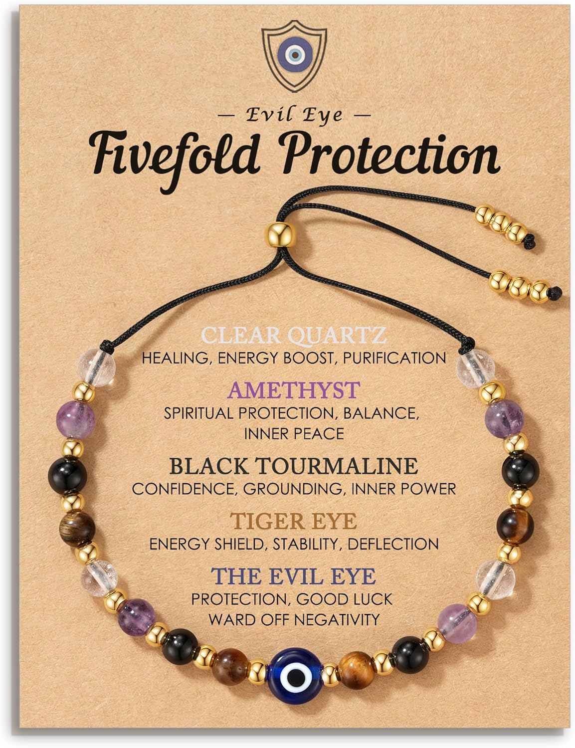 Evil Eye Dainty Bracelet - Natural Crystal Protection Bracelet - 5 Healing Stones Clear Quartz Amethyst Black Tourmaline Tiger Eye Adjustable Spiritual Guardian Jewelry Gift with Meaning Card