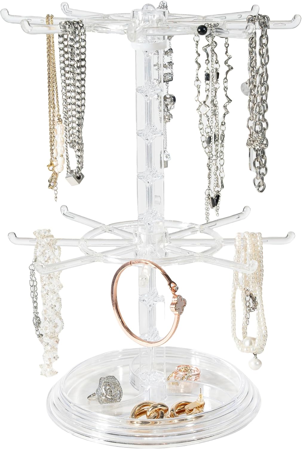 2 Tier Rotating Jewelry Display Stand, Necklace Holder, Jewelry Tree Stand, DIY Organizer for Bracelets, Necklaces, Earrings, Rings, Watches (transparent color)