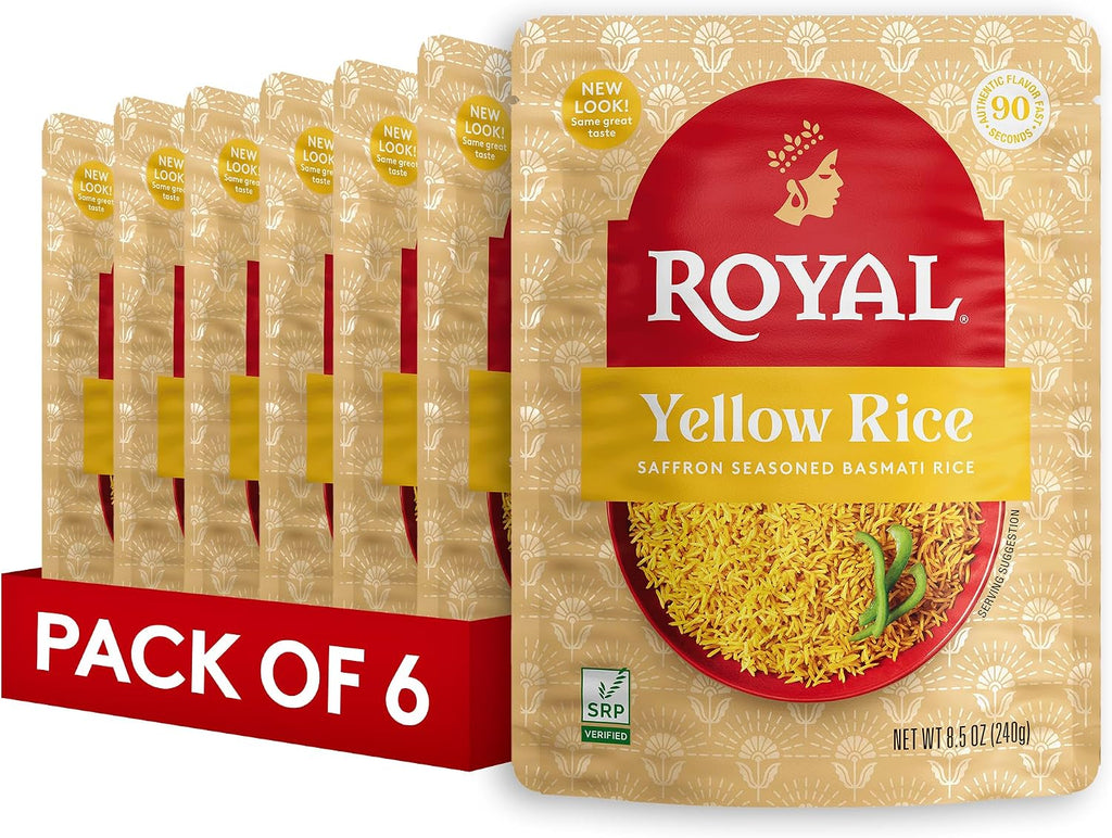 Royal Yellow Saffron Basmati Rice - Ready to Heat Basmati Rice - (6 Pack) 8.5 oz Microwaveable Pouch
