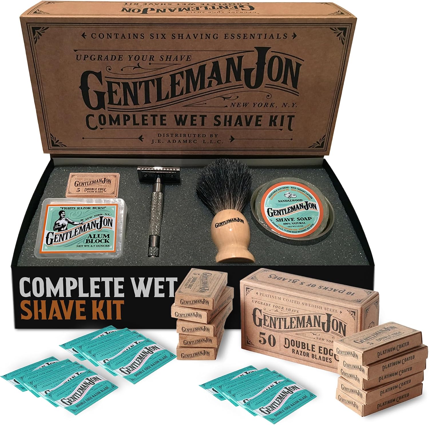 Gentleman Jon Deluxe Shaving Collection - Safety Razor Shaving Kit & 50-Pack Platinum Double Edge Razor Blades - Complete Wet Shave Set for Men - Effortless, Smooth, and Comfortable Shaves