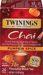 Twinings Pumpkin Spice Chai Black Tea Individually Wrapped Bags, 20 Count (Pack of 1), Warm, Spicy & Aromatic, Caffeinated, Enjoy Hot or Iced, 20 Teabags
