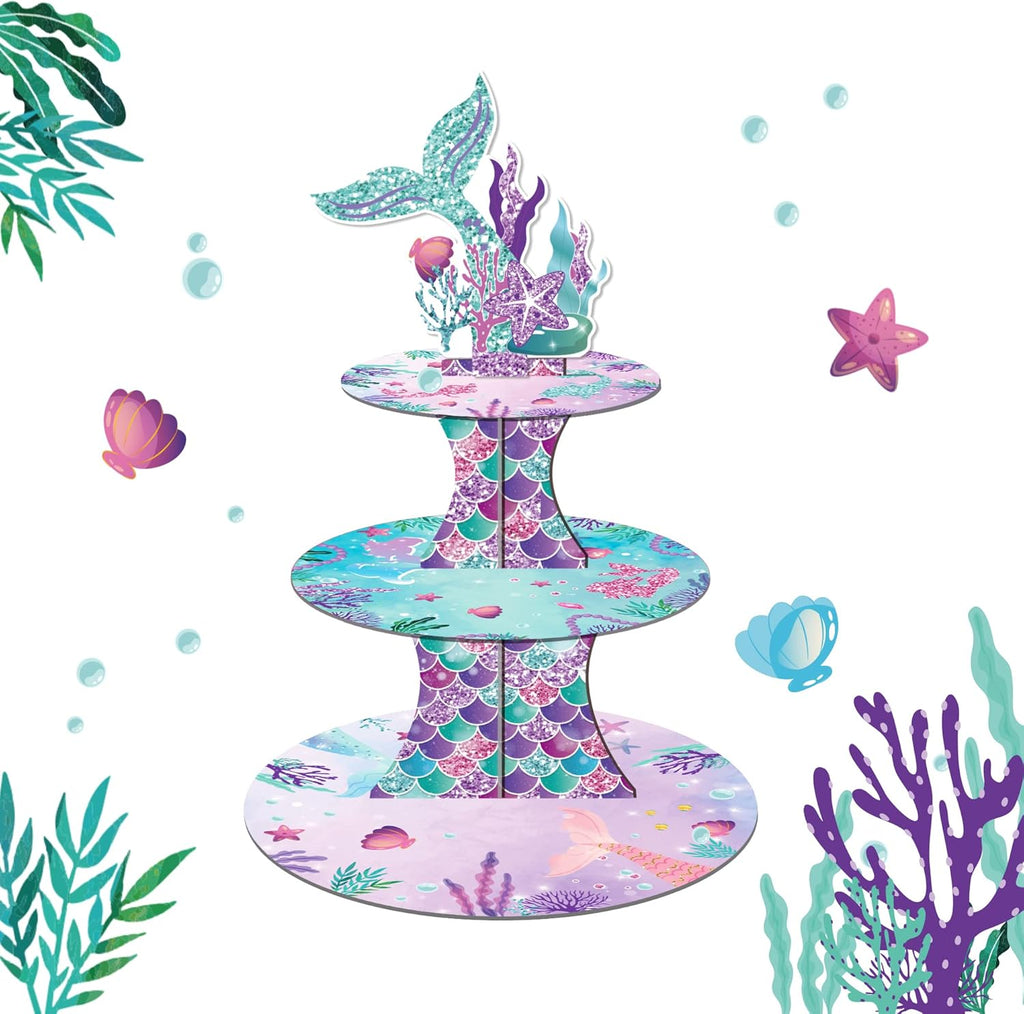 Large 3-Tier Mermaid Cupcake Stand 12Inch Cardboard Cupcake Tray for Wedding Birthday Baby Shower Mermaid Birthday Party Supplies