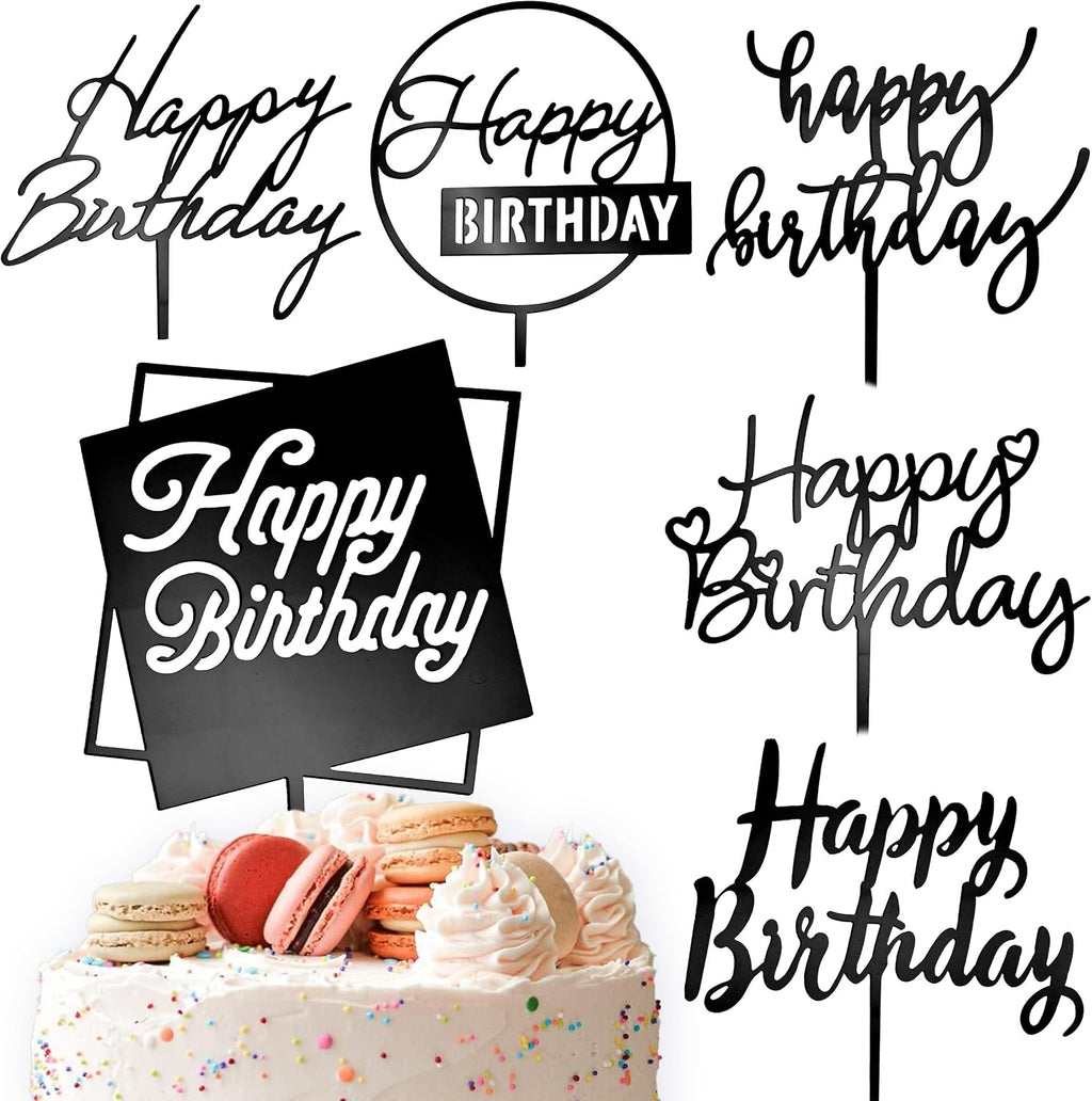6 Pcs Black Happy Birthday Cake Toppers Set, 5" x 6.5" Acrylic Cake Decoration for Birthday Party