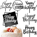6 Pcs Black Happy Birthday Cake Toppers Set, 5" x 6.5" Acrylic Cake Decoration for Birthday Party