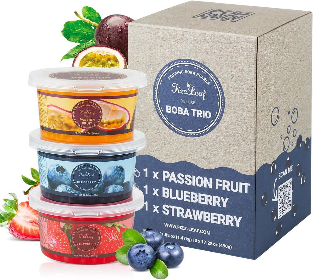 Fizzleaf Popping Boba Pearls Trio - Strawberry Popping Boba, Blueberry, Passion Fruit - Bubble Fruit Bursting Pearls for Bubble Tea, 3 Pack, 1 pound (490g) Each