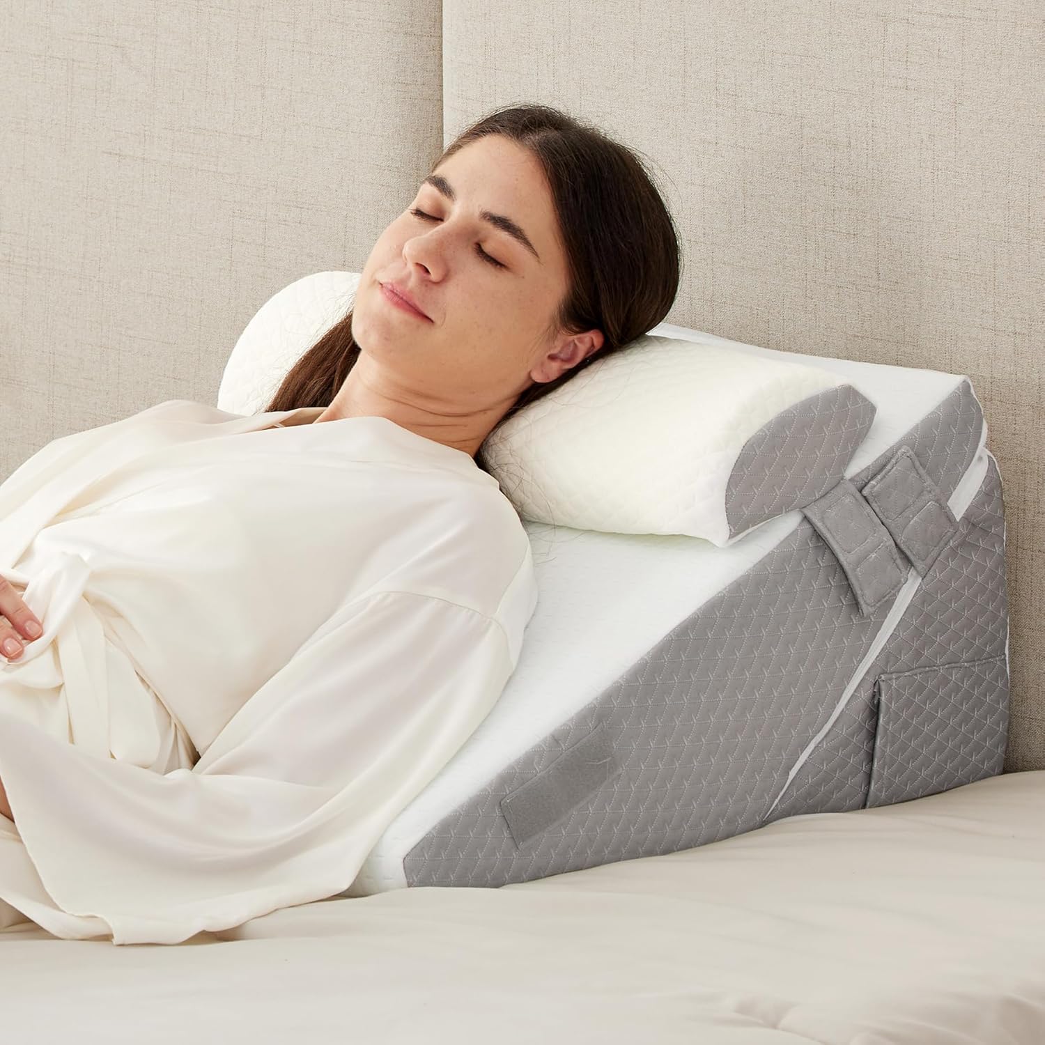 3PCS Wedge Pillow Set for After Surgery, Adjustable 9&12 Inch Bed Wedge Pillow for Sleeping, Incline Pillow Wedge for Headboard, Post Surgery, Acid Reflux, Neck&Back Support, White/Grey