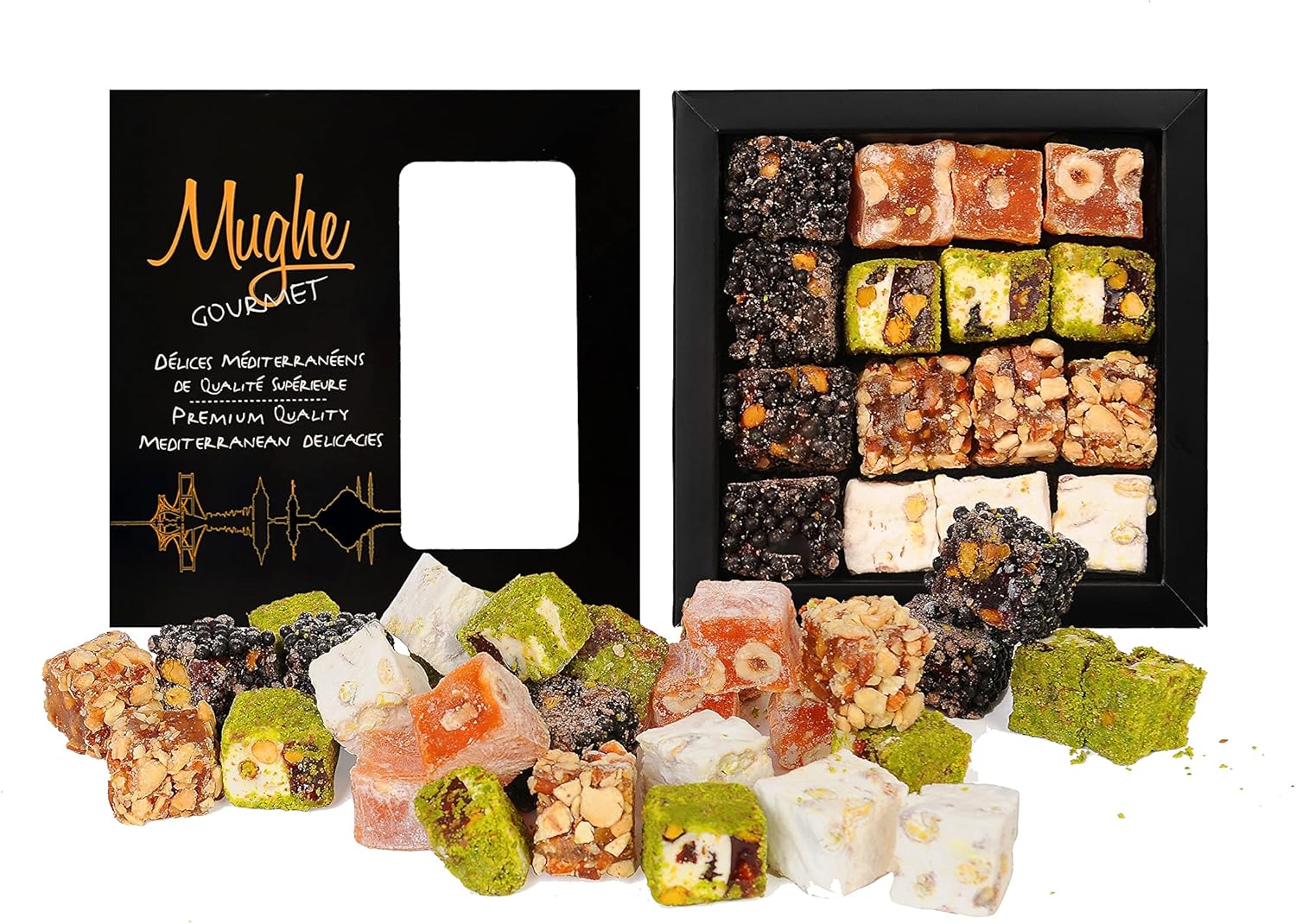 Mughe Gourmet Luxury Sultan Pistachio Turkish Delight Candy Elegant Gift Box - 12.35oz-350g-16pc - Lokum Delights Orange, Hazelnut, Almonds - Perfect Gifts for Mother's Day, Father's Day, Birthday