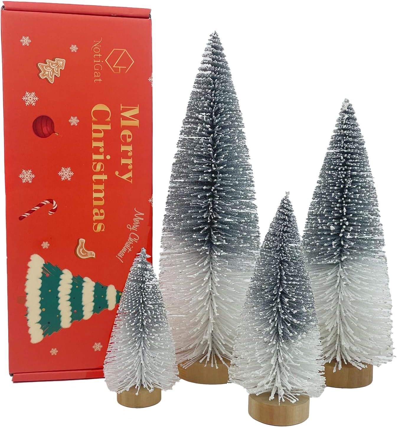 Mini Christmas Tree Bottle Brush Christmas Trees Decor for Christmas Decorations Wooden Bases (Silver and White)