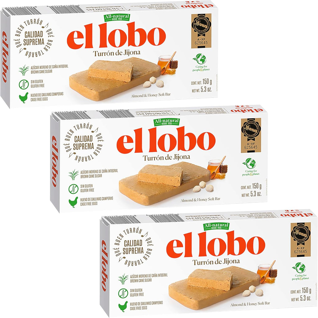 El Lobo Jijona Turron Blando Nougat 3 Pack, Creamy Spanish Almond - Traditional Soft Turrone From Spain, Made with Honey, Gluten Free, 3 x 150g (5.3 oz each)