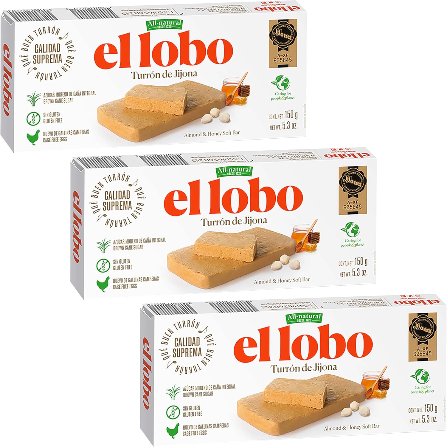 El Lobo Jijona Turron Blando Nougat 3 Pack, Creamy Spanish Almond - Traditional Soft Turrone From Spain, Made with Honey, Gluten Free, 3 x 150g (5.3 oz each)