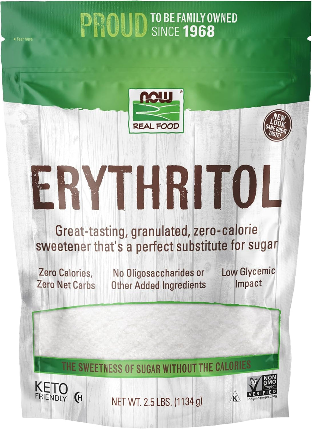 NOW Foods, Erythritol, Great-Tasting Sugar Replacement, Zero Calories, Low Glycemic Impact, Kosher, 2.5-Pound (Packaging May Vary)
