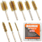 MAXMAN Bore Brush Set, 8pcs Brass Wire Brush for Drill, Durable Metal Bristles Twisted, 8 Size Set Multiple Diameter Options, 1/4 Inch Hex Shank, for Power Drill Impact Driver & Tube Cleaning